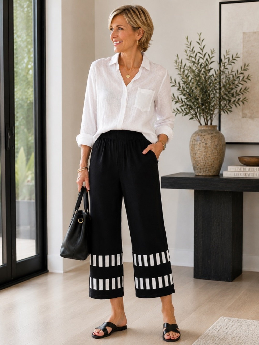 NWT Ever Sassy Black Cropped Pants L Modal Pull On Art to Wear